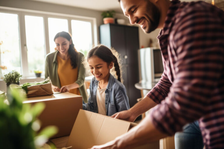 "Une famille souriante portant des cartons durant un déménagement, un concept idéal pour les parents en garde alternée ayant besoin d'aide pour déménager"
