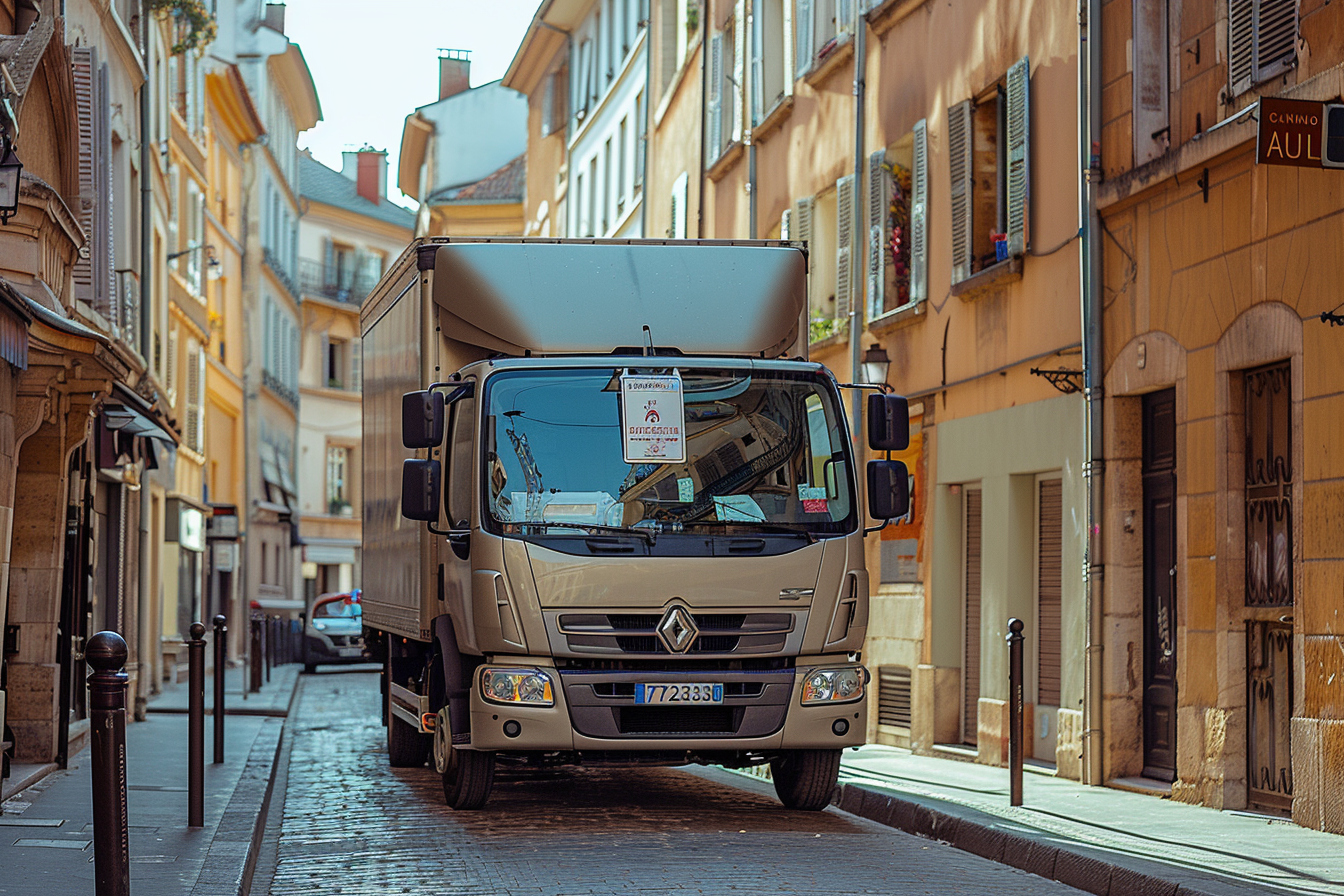 Alt de l'image: "Panneau d'autorisation de stationnement pour déménagement à Lyon avec camion de déménageurs en arrière-plan