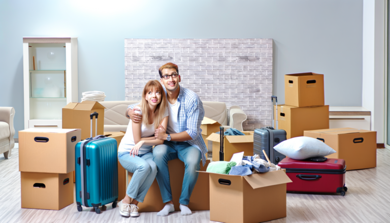 "Couple souriant préparant des cartons pour déménager ensemble, illustrant l'idée de déménager pour suivre son conjoint"
