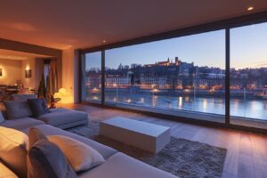 Vue panoramique de Lyon avec icônes symboliques de déménagement et d'agrandissement de maison illustrant les options pour optimiser son foyer