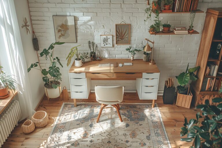 Aménagement d'un coin bureau fonctionnel et compact dans un petit appartement, optimisant l'espace disponible.