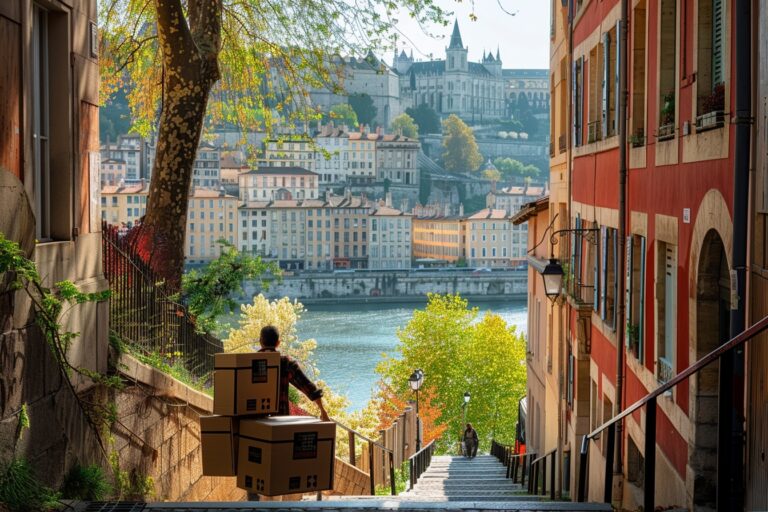Personnes utilisant des chariots et des sacs à dos pour déménager sans camion dans les rues de Lyon