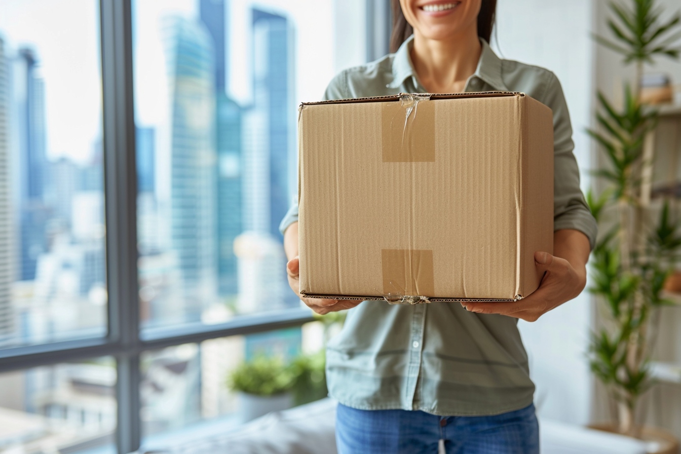 Alt d'image: "Aide ménagère souriante préparant des cartons pendant un déménagement réussi à Lyon pour illustrer les avantages de bénéficier d'une assistance compétente.