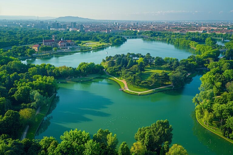Vue panoramique du Parc de la Tête d'Or à Lyon, illustrant les vastes espaces verts et les allées sereines invitant à la redécouverte de la ville