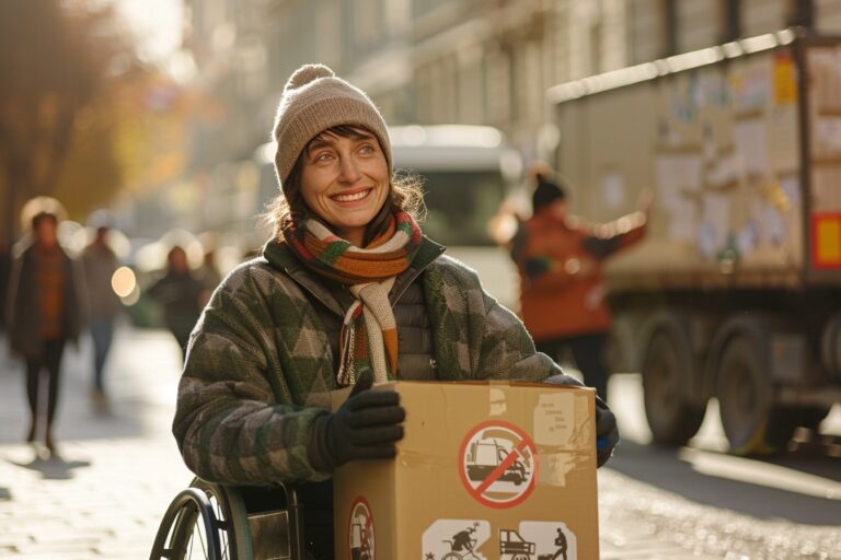 Personne en fauteuil roulant recevant une aide financière pour un déménagement adapté à Lyon.