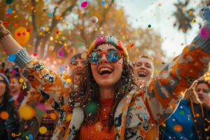 Participants en pleine célébration au cœur d'un festival populaire, incarnant l'esprit de fête à Lyon en 2023.