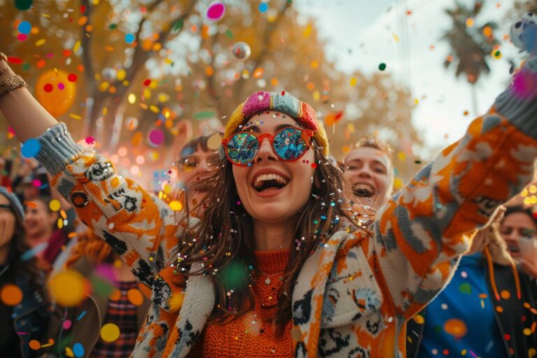 Participants en pleine célébration au cœur d'un festival populaire, incarnant l'esprit de fête à Lyon en 2023.