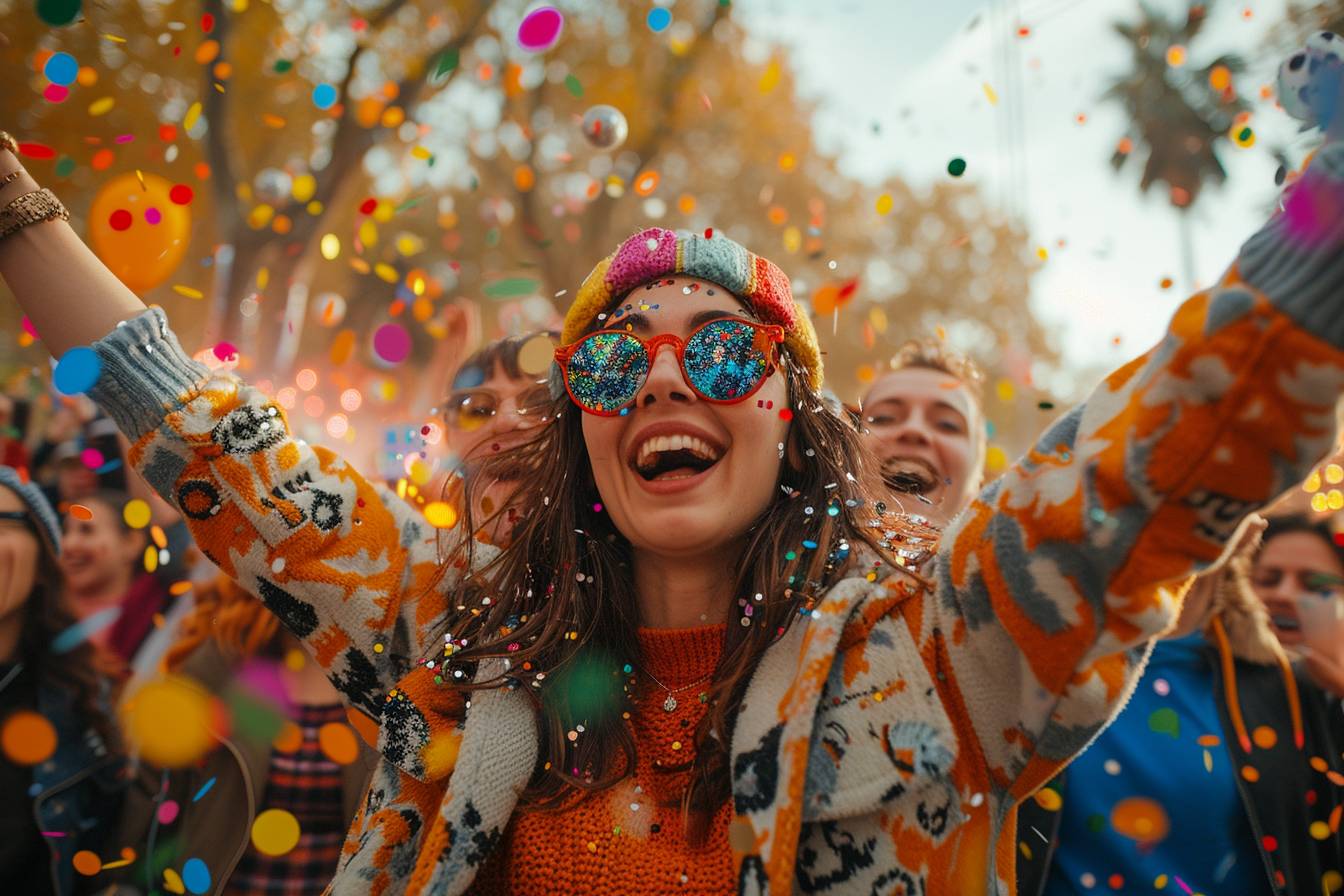 Participants en pleine célébration au cœur d'un festival populaire, incarnant l'esprit de fête à Lyon en 2023.